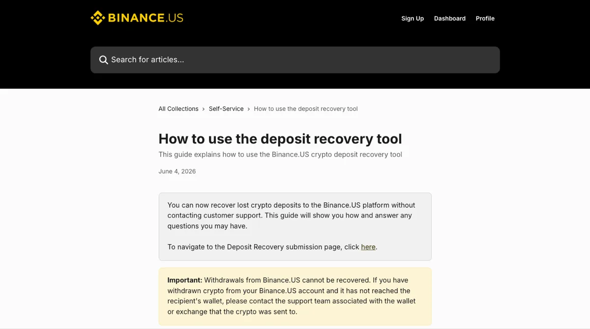 Binance.US 帮助中心《How to use the deposit recovery tool》页面顶部，日期 June 4, 2026，灰框写着现在可以不联系客服自助找回充值，黄框提示从 Binance.US 提出去的币无法找回