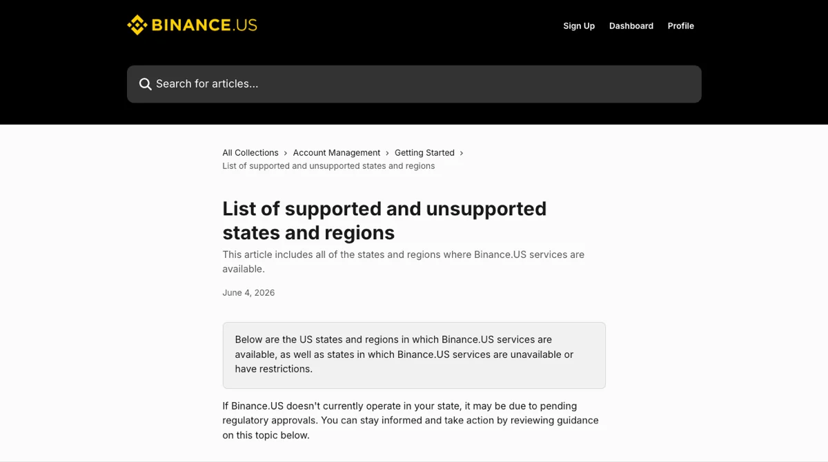 Binance.US 帮助中心「List of supported and unsupported states and regions」页面顶部：面包屑写着 All Collections、Account Management、Getting Started，标题下一行说明本文列出 Binance.US 提供服务的州和地区，再下面是日期 June 4, 2026 和一段灰底说明