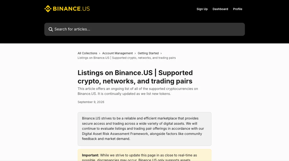 Binance.US 帮助中心的支持列表页顶部：标题为 Listings on Binance.US | Supported crypto, networks, and trading pairs，日期 September 9, 2026，下方黄色提示框说明页面可能与实时情况有出入
