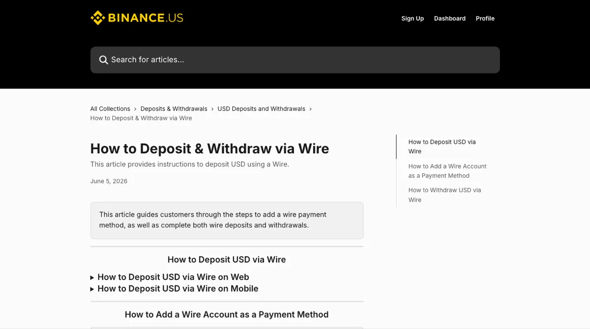 Binance.US 帮助中心「How to Deposit & Withdraw via Wire」页面顶部,日期 June 5, 2026,下面依次是电汇存款、添加电汇账户、电汇提现三部分,右侧目录列着 How to Withdraw USD via Wire