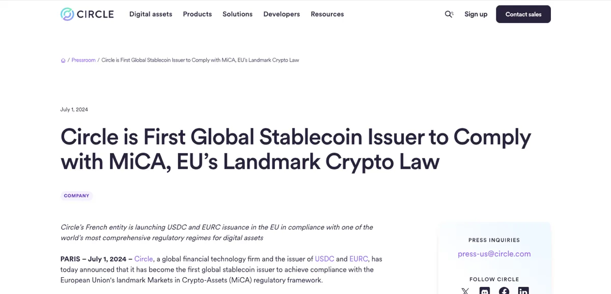 Circle 新闻室页面：日期 July 1, 2024，标题 Circle is First Global Stablecoin Issuer to Comply with MiCA, EU's Landmark Crypto Law，导语写 Circle 的法国公司开始在欧盟发行 USDC 和 EURC