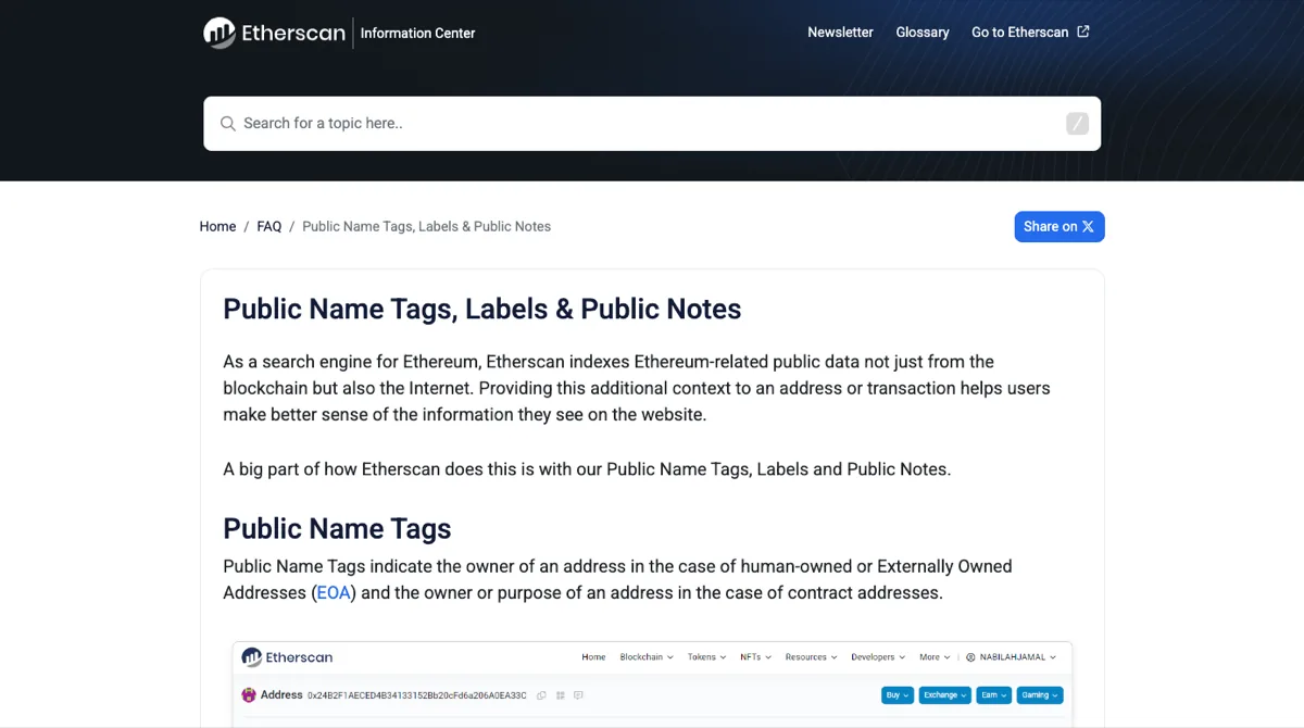 Etherscan 信息中心「Public Name Tags, Labels & Public Notes」页面上半部分：标题、两段英文说明，以及 Public Name Tags 小节开头一句，写着名字标签用来标出地址的所有者