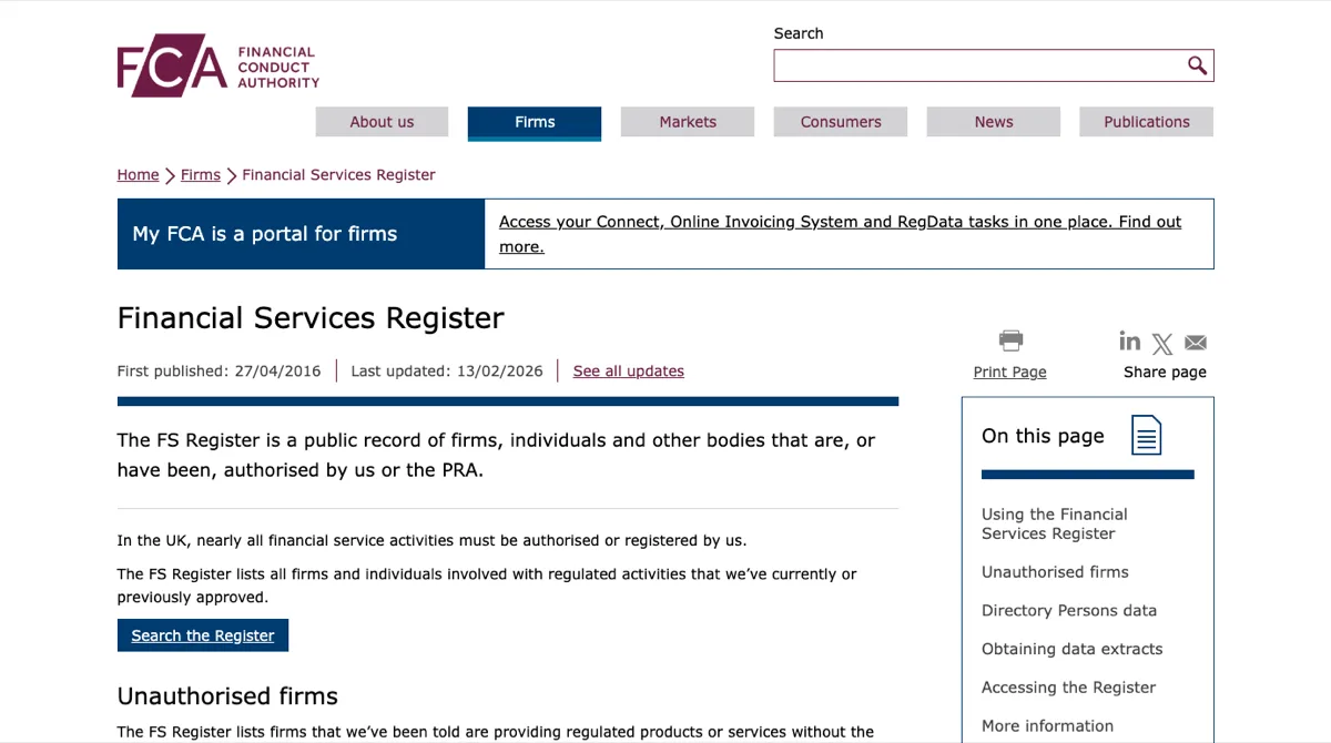 FCA 官网的 Financial Services Register 页面：标题下写着这是一份公开记录，下面有深蓝色的 Search the Register 按钮，右侧是本页目录