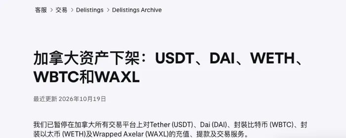 Kraken 帮助中心公告页:标题为加拿大资产下架:USDT、DAI、WETH、WBTC和WAXL,下方写着最近更新 2026年10月19日,正文第一句说已暂停在加拿大所有交易平台上对 Tether (USDT) 等资产的充值、提款及交易服务
