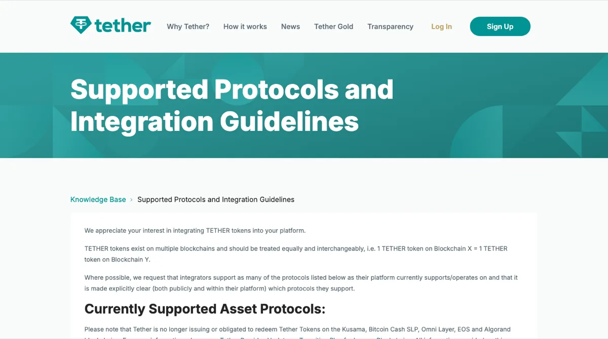 泰达官网 Supported Protocols and Integration Guidelines 页面上半部分:开头几段说明泰达代币存在于多条区块链,下面是「Currently Supported Asset Protocols」小标题和一句提示,写着泰达不再在 Kusama、Bitcoin Cash SLP、Omni Layer、EOS 和 Algorand 上发行或承担赎回义务